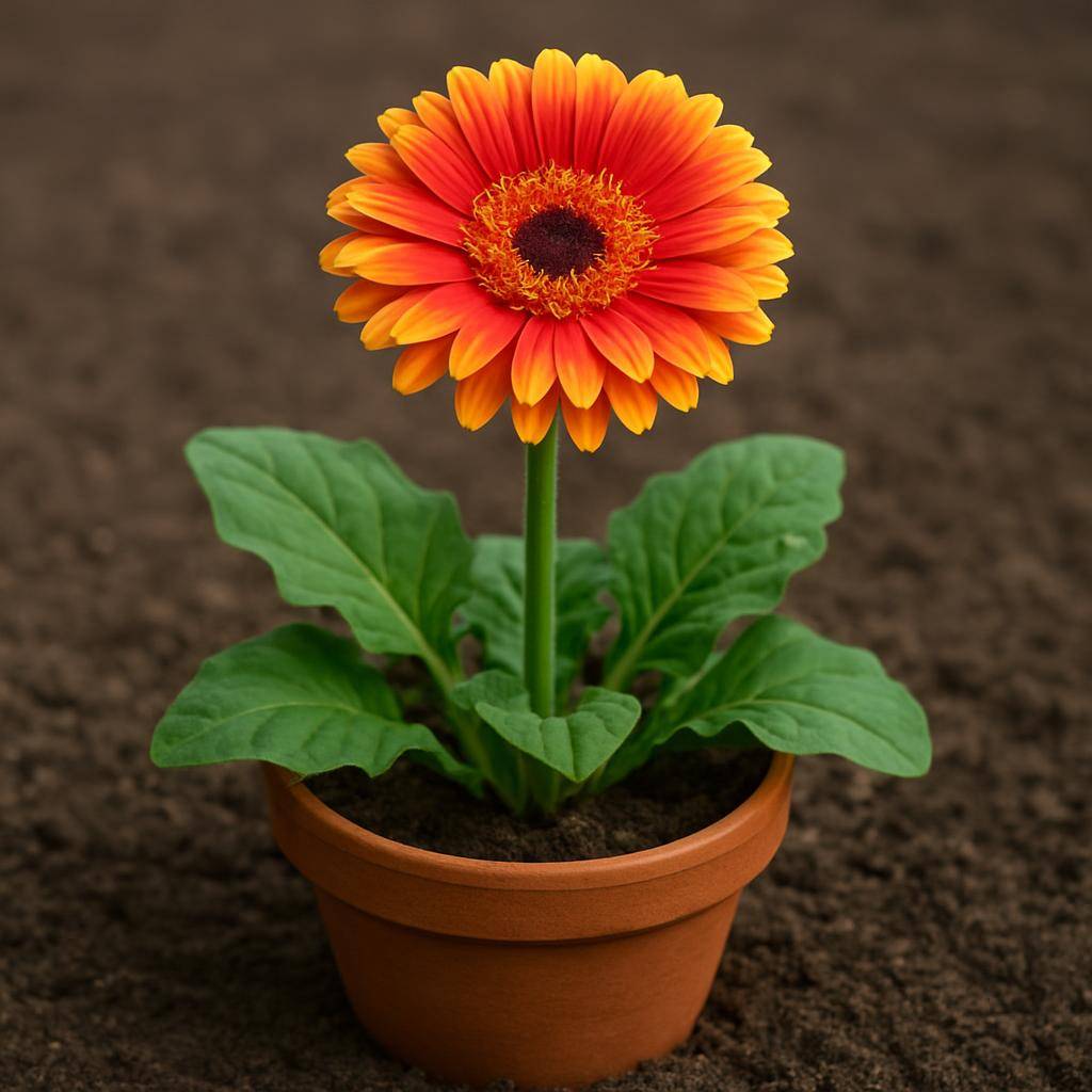 Gerbera-blomst i fuldt flor, rød/gul/orange farver, med grønt løv Gerbera: alt du bør vide om blomsten