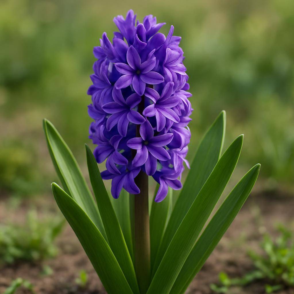 Nærbillede af en hyacint i blomst med grønne blade Hyacint: Pleje, plantning og blomstring i foråret