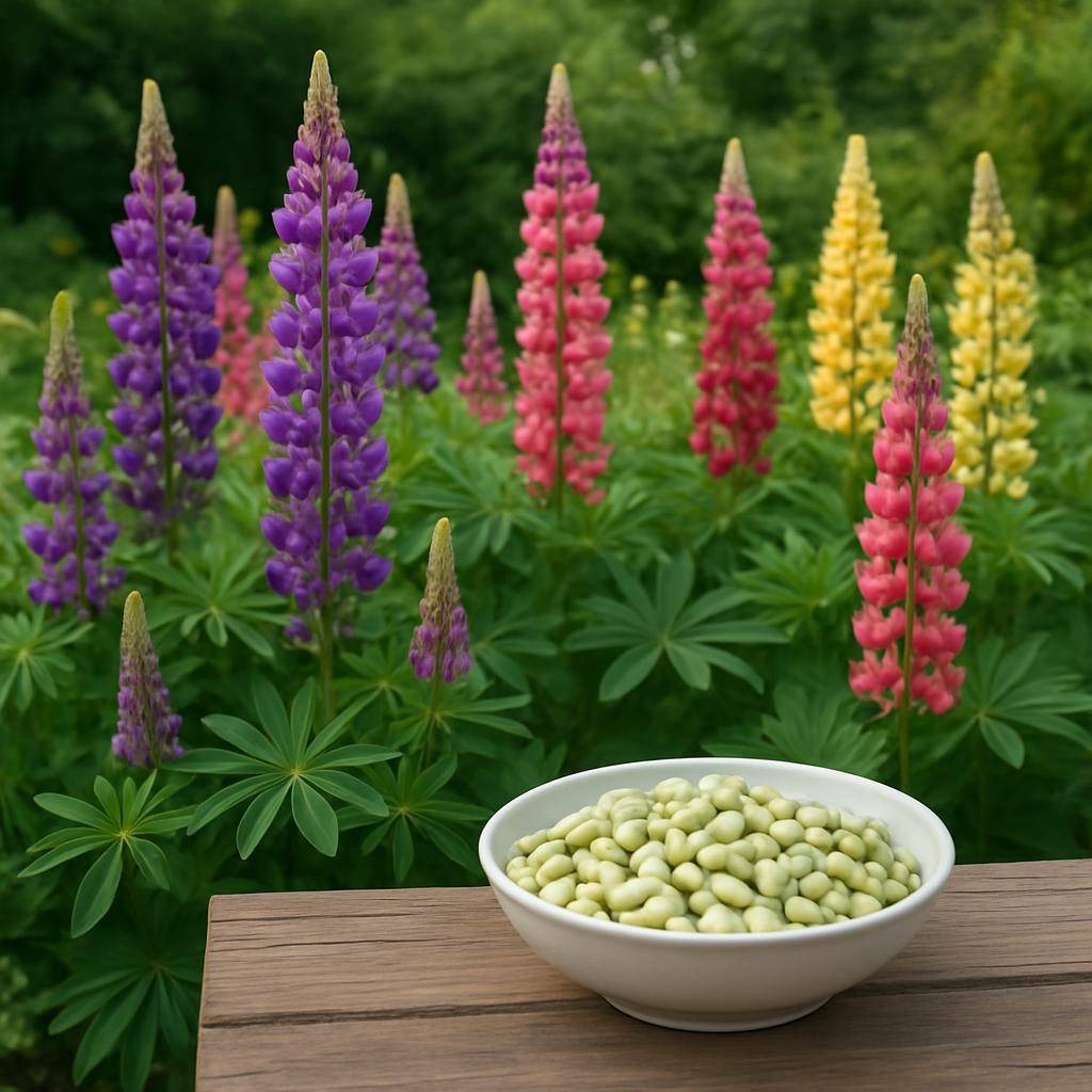 Nærbillede af lupinblomster i en have og en skål med lupinbønner Lupin: fakta, ernæring og brug i madlavningen